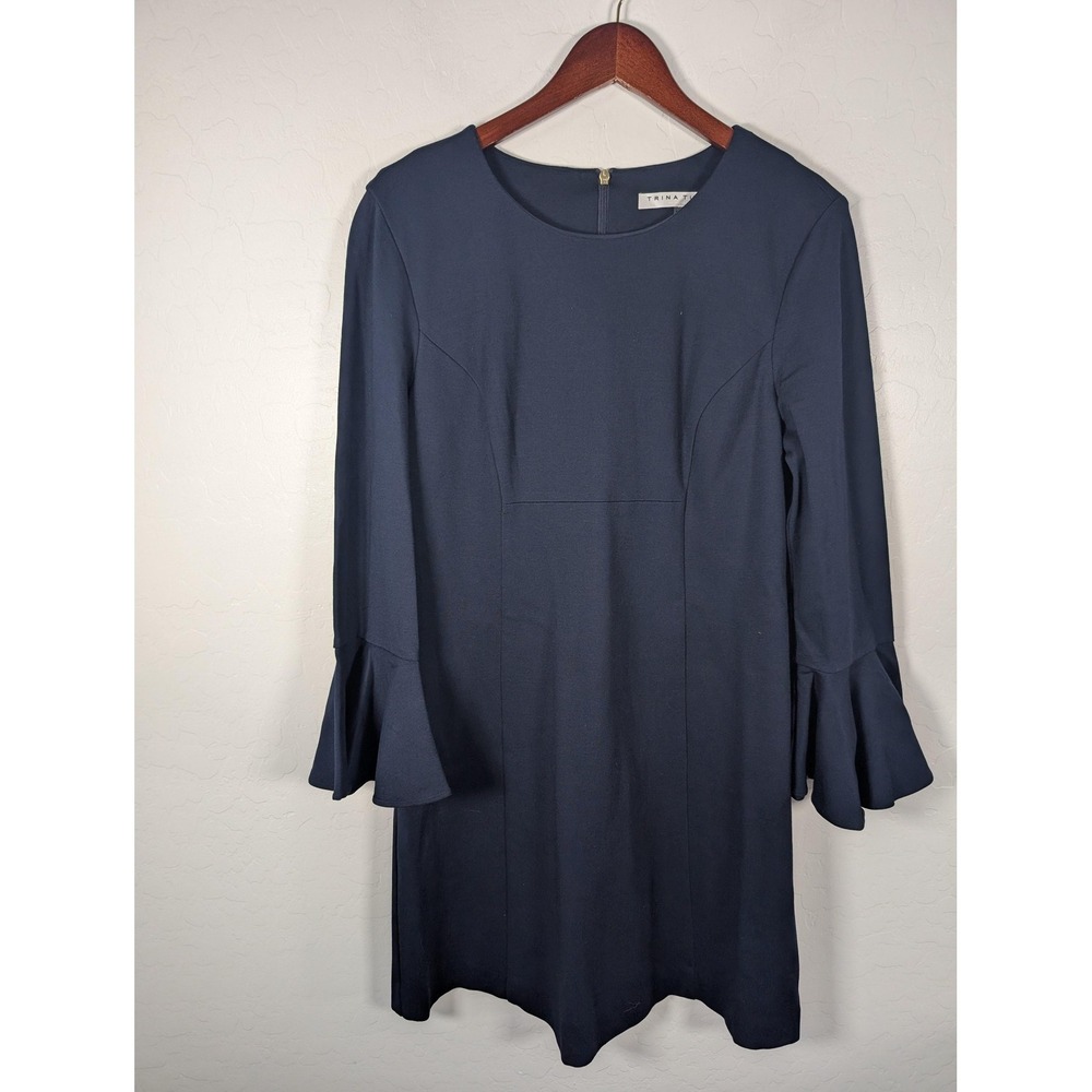 Trina Turk Dress Womens 12 Navy Blue Bell Sleeve Ruffle Cuff‎ Sheath Knit Lined